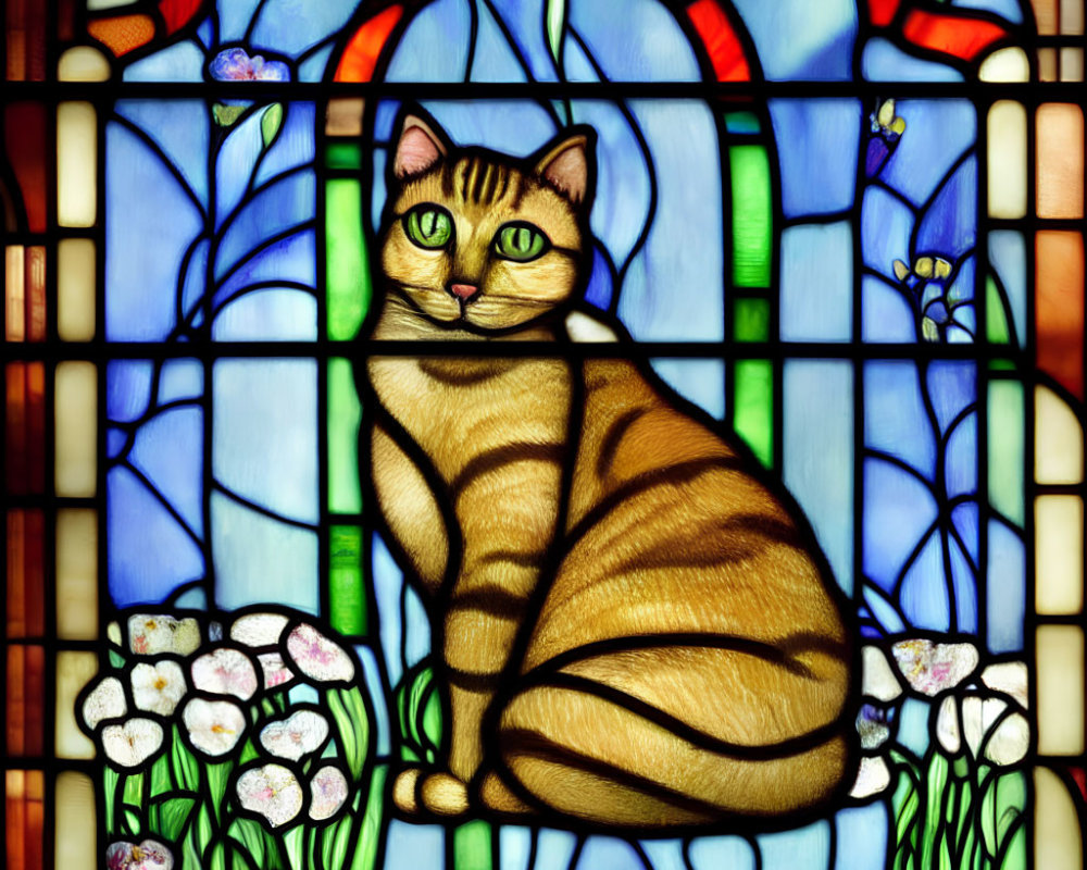 Colorful Stained Glass Window with Cat and Flower Motif