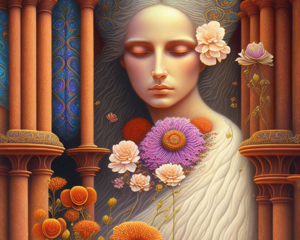 Serene female face with vibrant flowers, pillars, and patterns