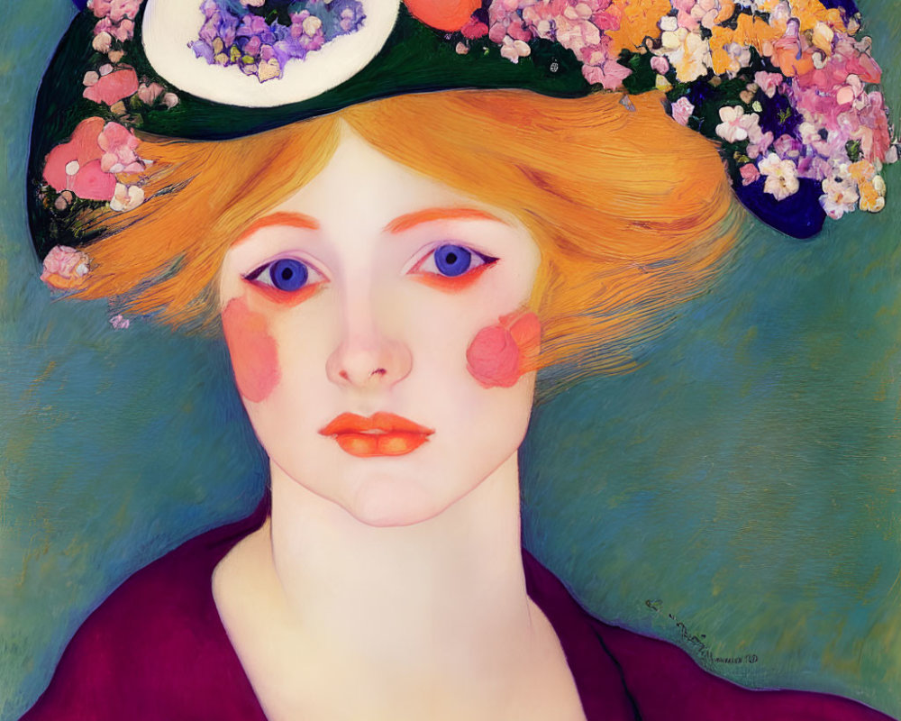 Striking portrait of a woman with orange hair and floral hat