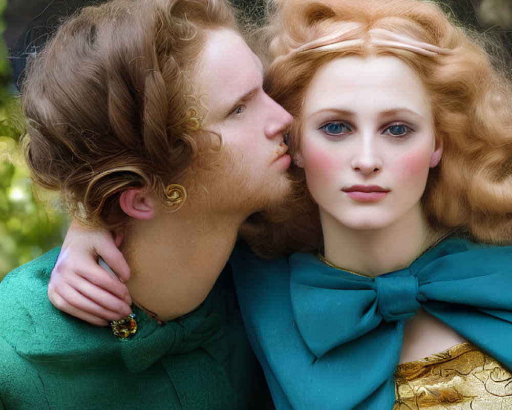 Man whispering to woman in vintage attire against forest backdrop