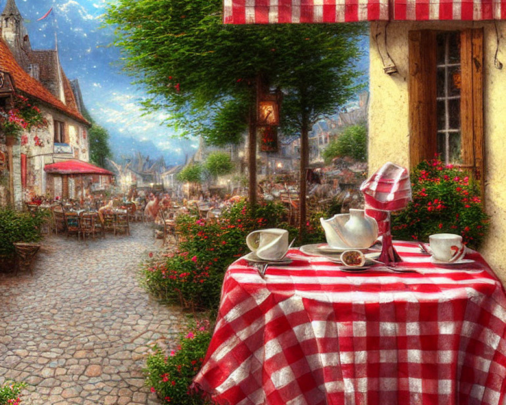 Quaint outdoor cafe with checkered tablecloths and cobblestone path