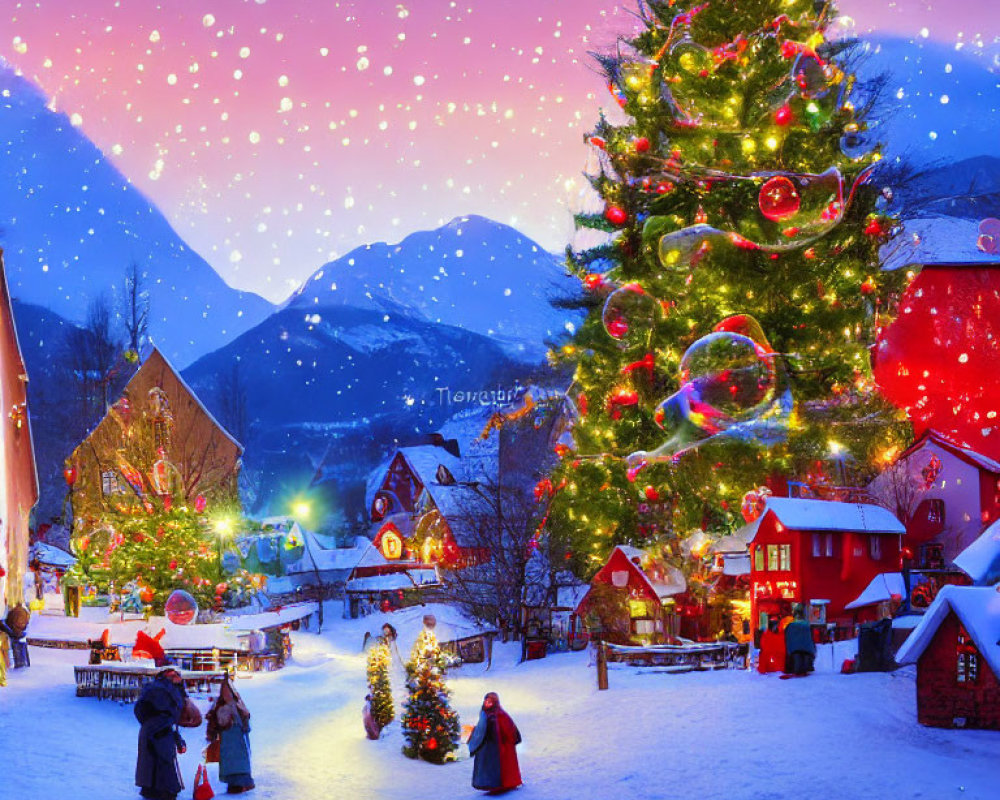 Twilight Christmas Market with Decorated Tree and Snow-covered Ground