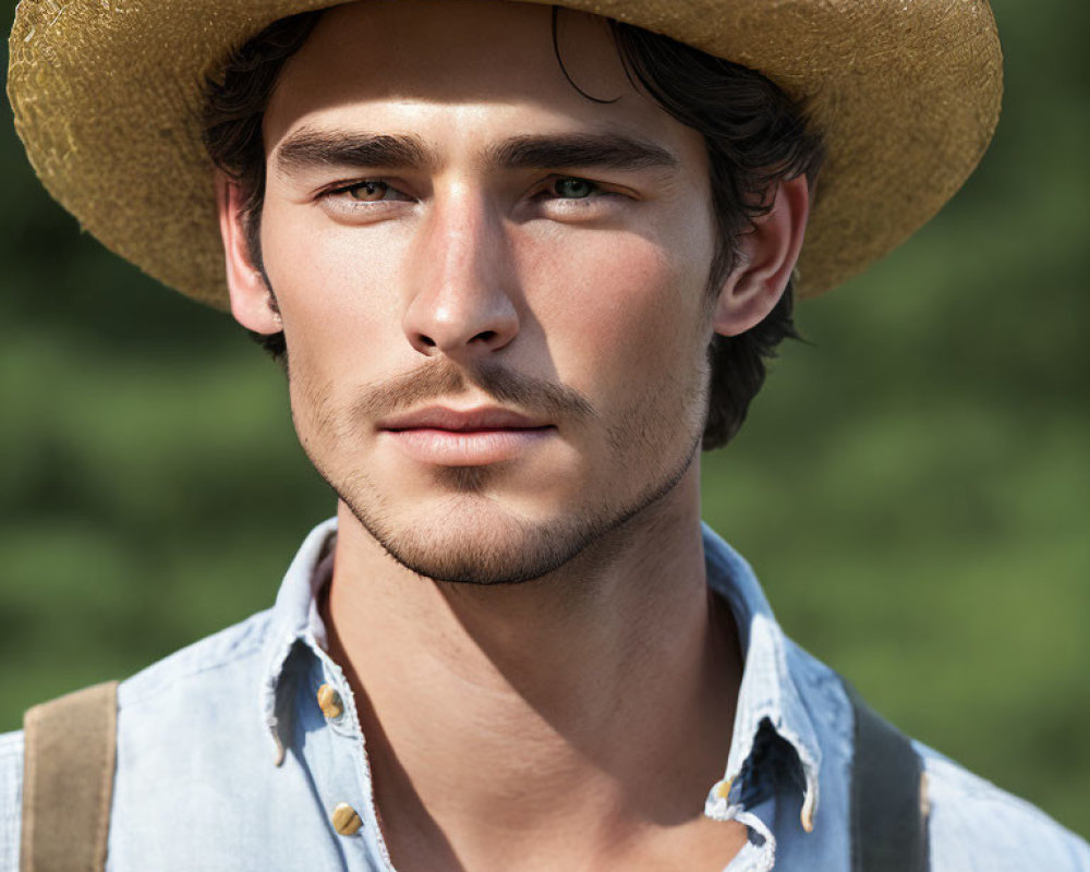 Young man in straw hat and denim shirt gazes into distance with blurred greenery.