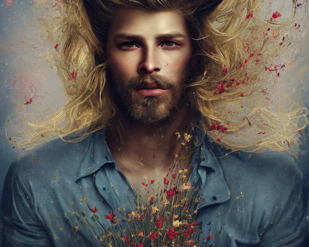 Surreal portrait of man with blonde hair and flowers