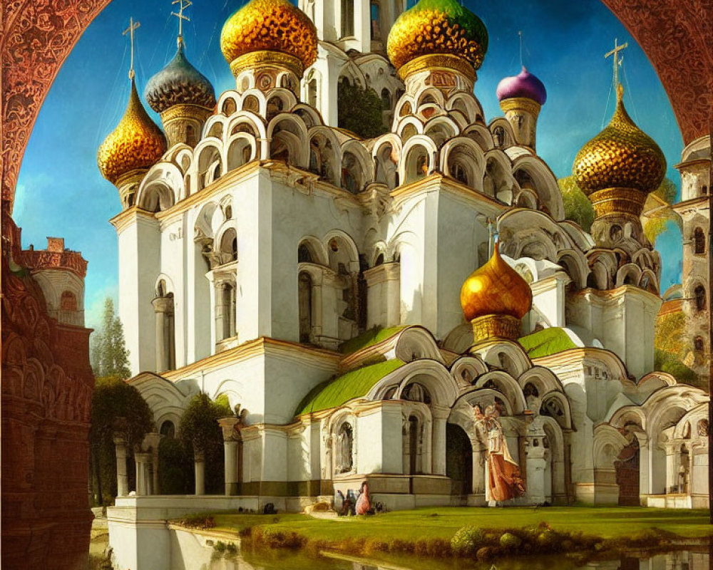 Colorful domed cathedral reflected in water amidst lush vegetation