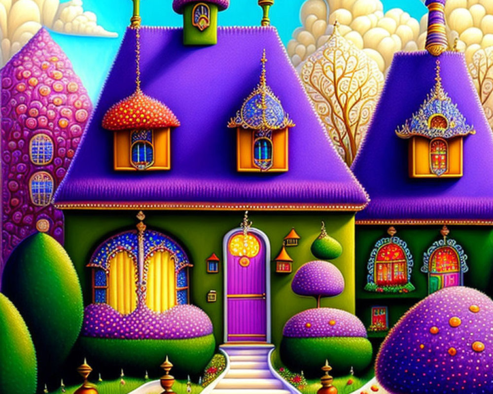 Colorful painting of whimsical houses and fantastical trees under bright sky