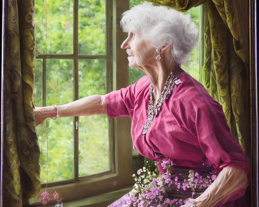 Elderly woman in pink blouse and purple skirt at open window with green curtains