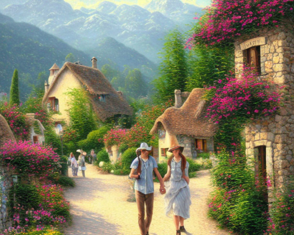 Couple holding hands in charming village with thatched-roof cottages