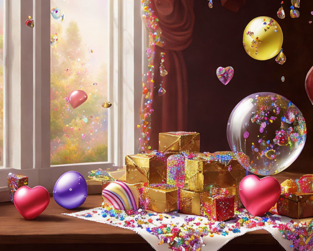 Colorful floating spheres, heart shapes, and golden gifts in a sunny, floral room