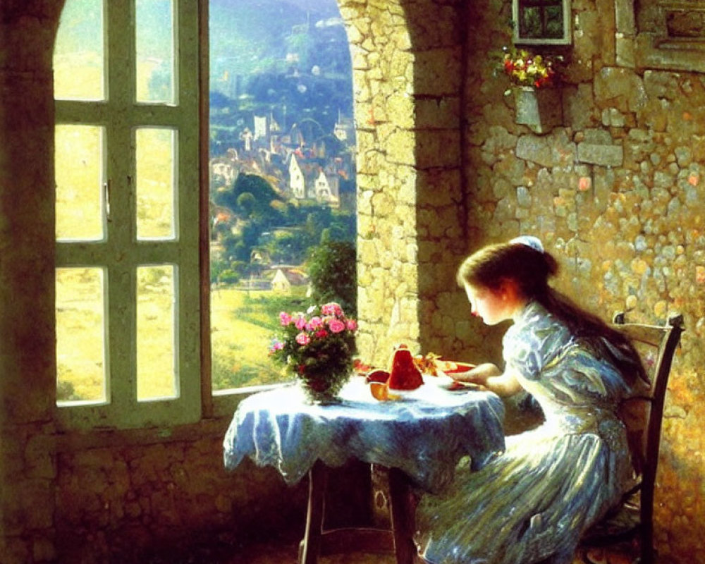 Girl at table by open window overlooking picturesque village with sunlight and flowers.