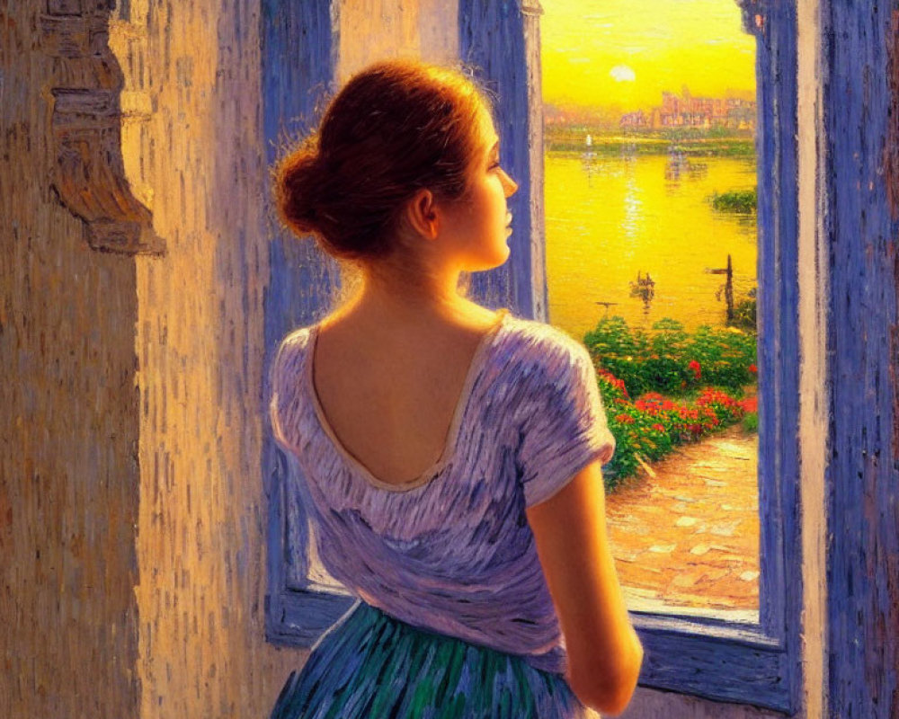 Woman in Purple Dress Watching Sunset over River from Arched Window