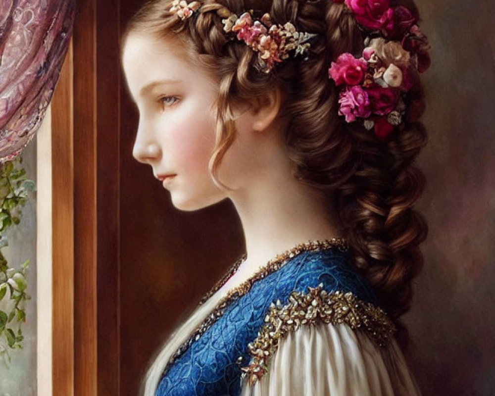 Young woman with flower-adorned braid in blue dress looking out window