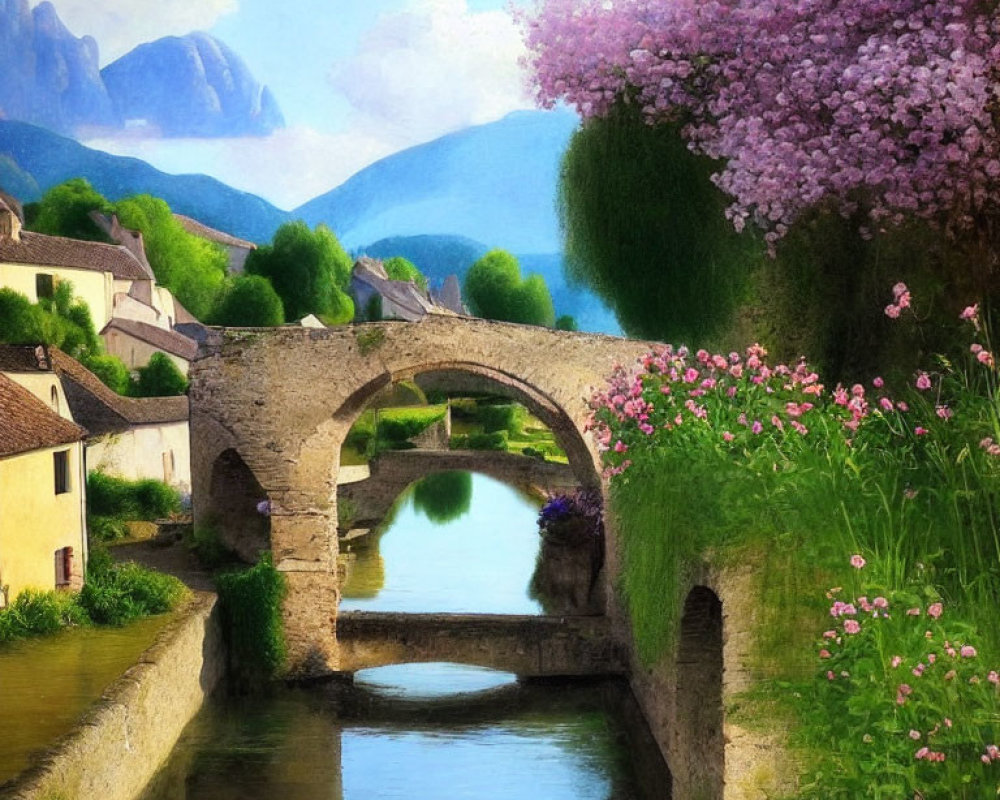 Tranquil river landscape with ancient stone bridge and blooming pink flowers