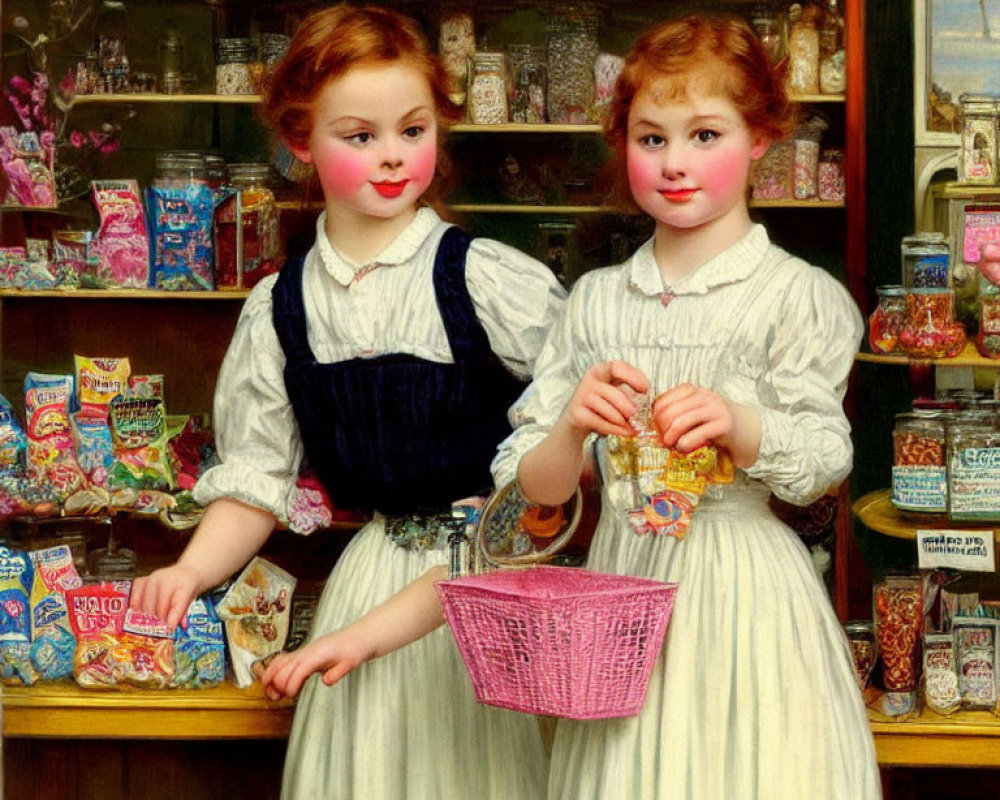 Two young girls in old-fashioned attire shopping for sweets in a candy store surrounded by colorful confections.