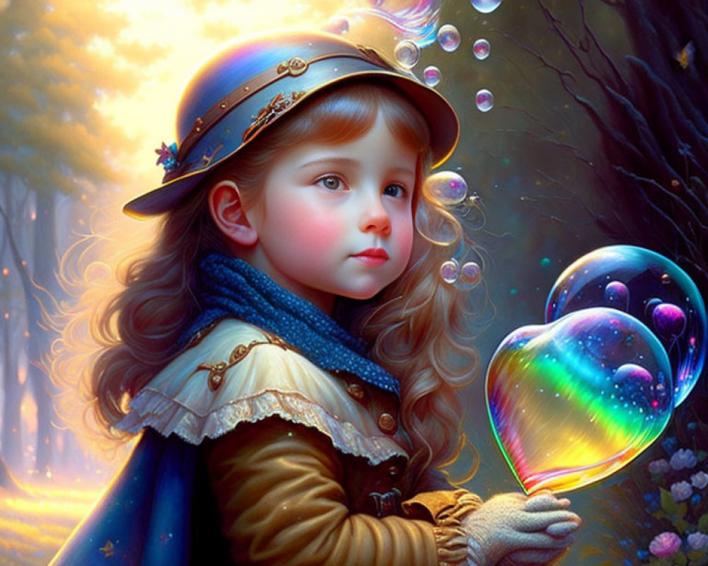 Digital illustration: Young girl in vintage clothing with heart-shaped bubble in mystical forest.