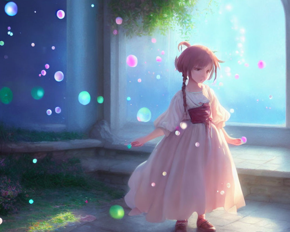 Vintage-dressed girl surrounded by colorful orbs in a serene garden scene