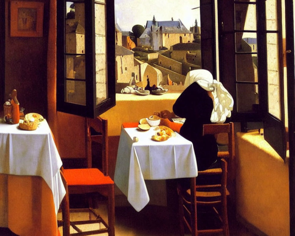 Woman sitting by open window overlooking town with food tables