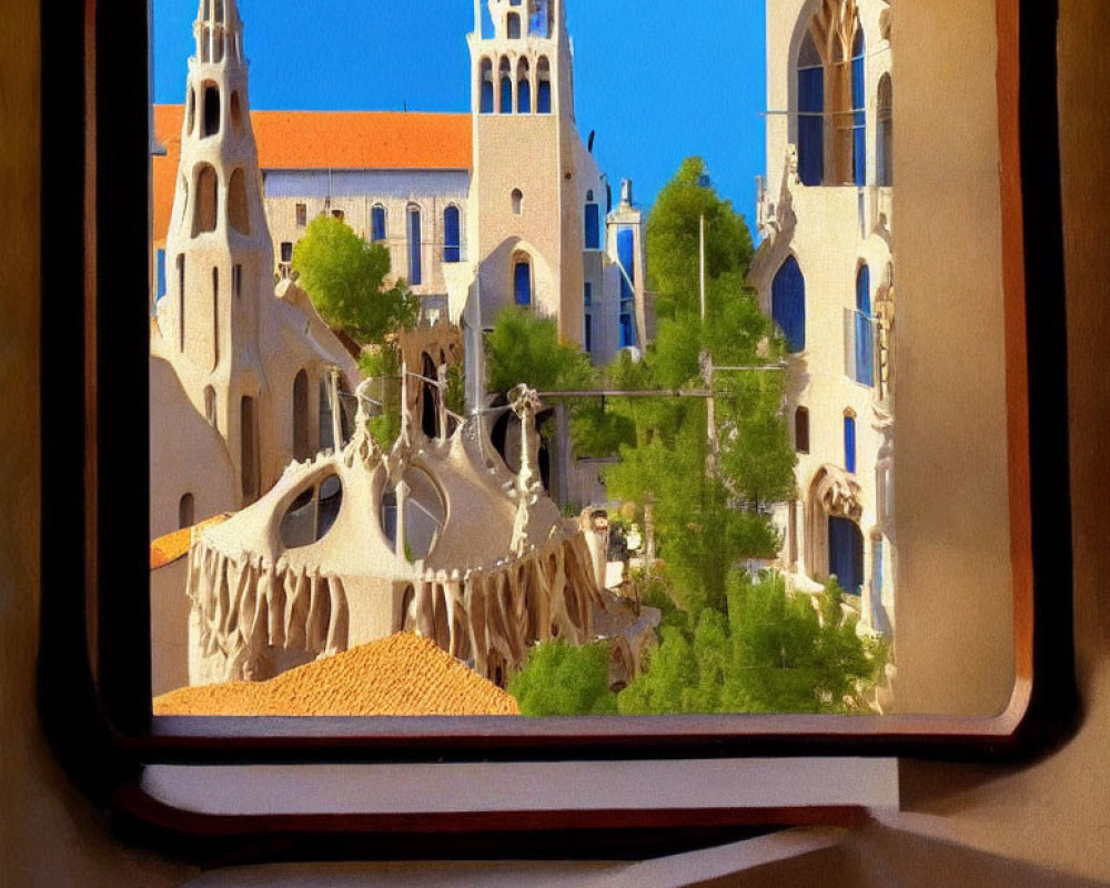 Architectural building with towers and arches framed against blue sky