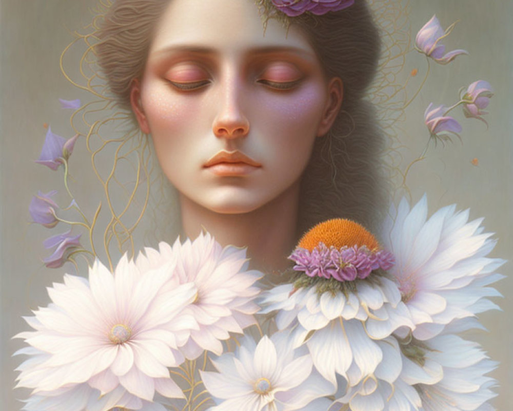 Woman portrait with blooming flowers in pastel colors