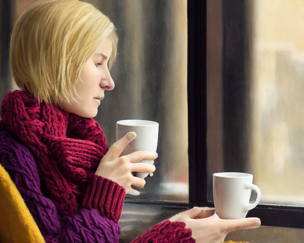 Blonde person in purple scarf with mug looking out rainy window