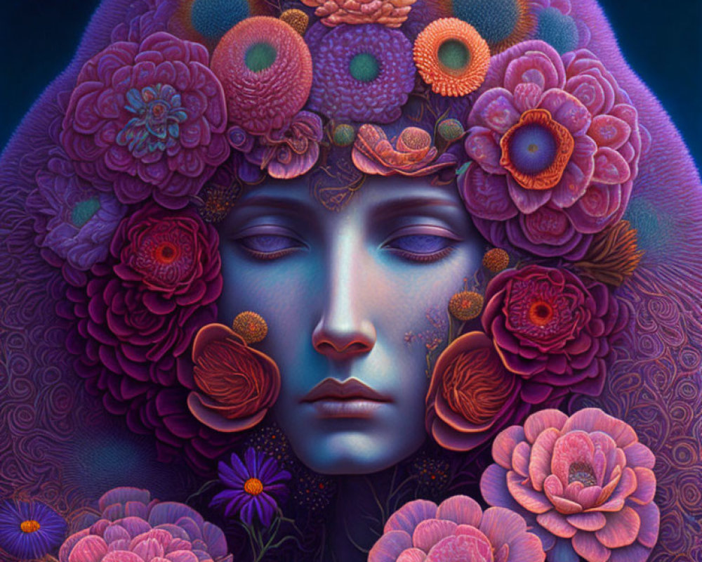 Surreal image of woman's face with closed eyes and vibrant floral hair