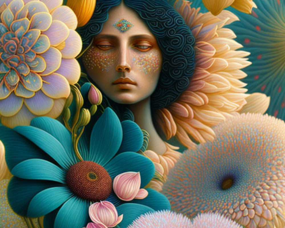 Ethereal face with stylized floral tapestry in yellow, blue, and pink