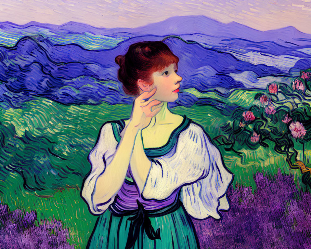 Woman in Green Dress Contemplating in Vibrant Landscape