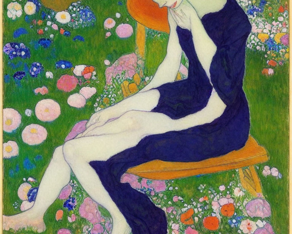 Red-haired woman in dark dress reclining in flower field