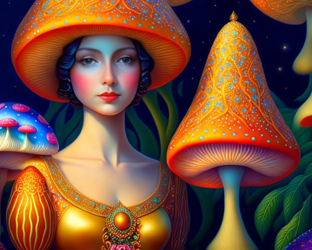 Stylized portrait of woman with mushroom cap hat in colorful forest