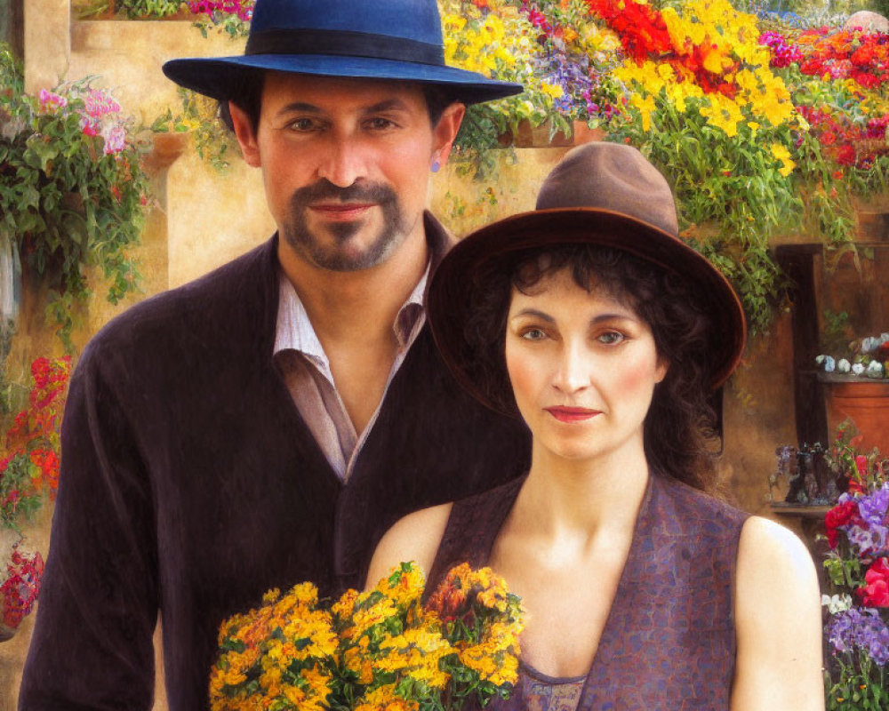 Man and woman in blue and brown hats with yellow flowers bouquet in front of colorful backdrop