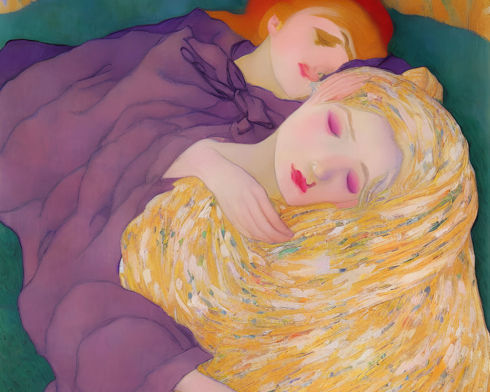 Two Women with Colorful Attire Lying Down in Serene Pose