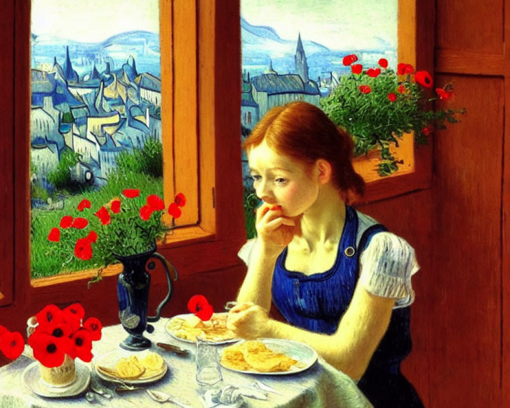 Girl eating at window table with urban landscape, poppies, and pastries.