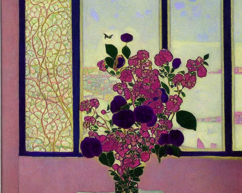 Colorful painting of purple flowers in vase with yellow curtain and blue sky view