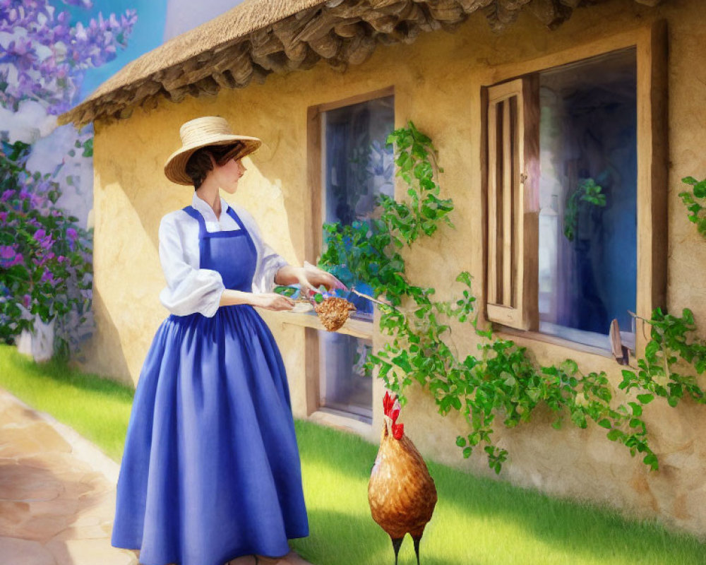 Woman in straw hat and blue dress with basket of flowers next to cottage and rooster