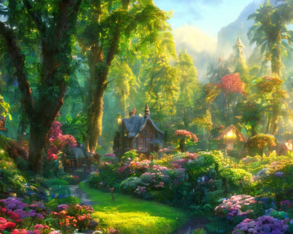 Lush Fairy Tale Forest with Colorful Flowers and Quaint Houses