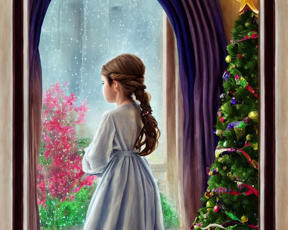 Girl in Blue Dress by Window with Falling Snow and Christmas Tree