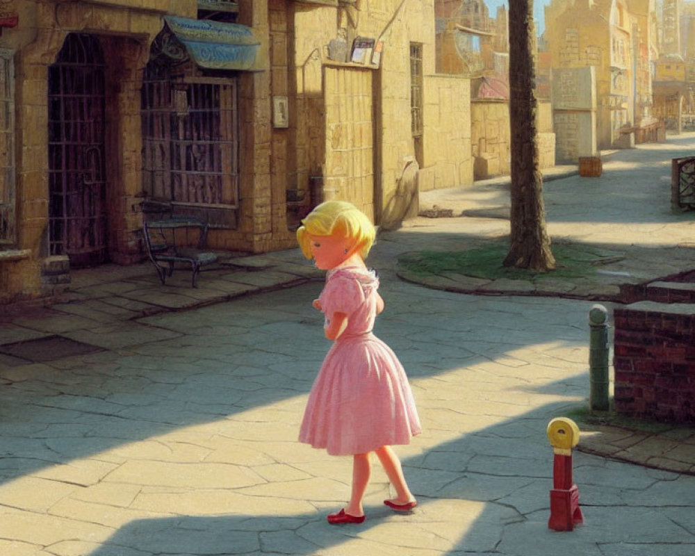 Young girl in pink dress and red shoes on deserted city street with old buildings and fire hydrant