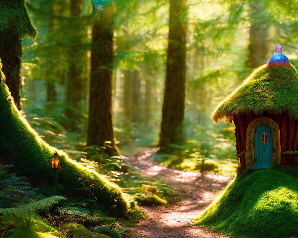 Whimsical moss-covered cottage in enchanting forest landscape