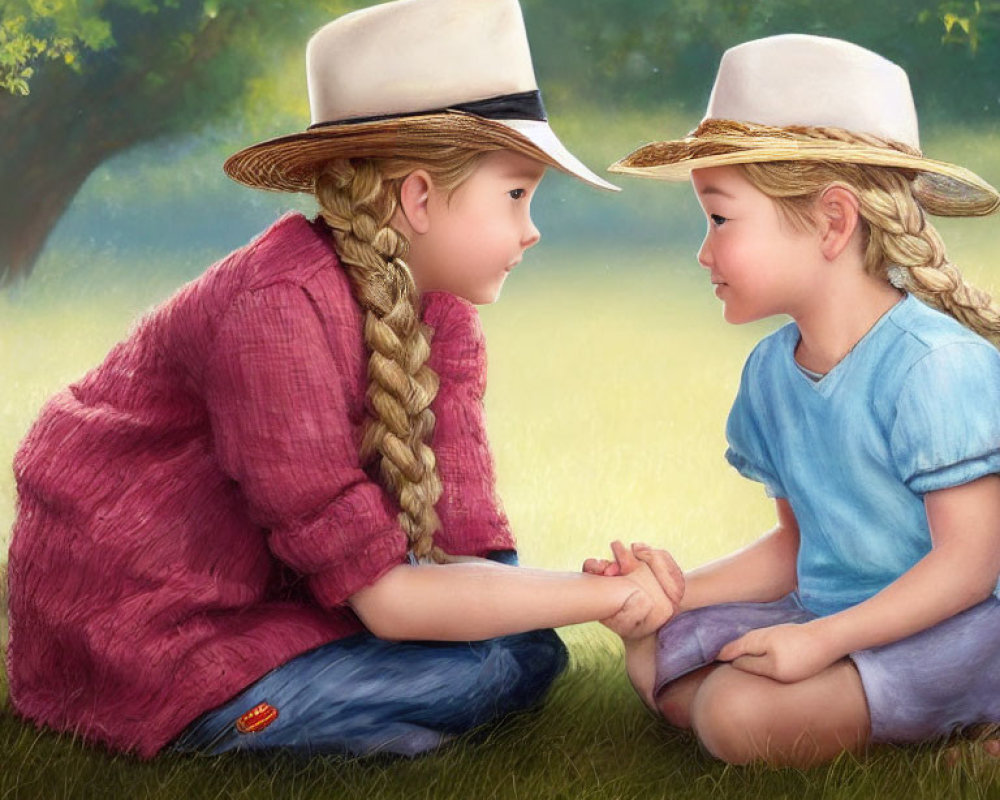 Children with straw hats and braided hair sitting face-to-face in grassy field