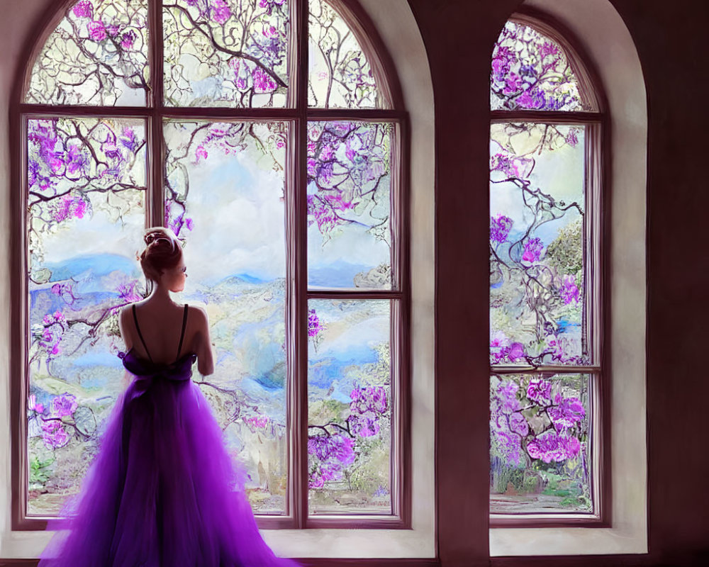 Woman in flowing purple dress looks out arched window at picturesque landscape with magenta trees.