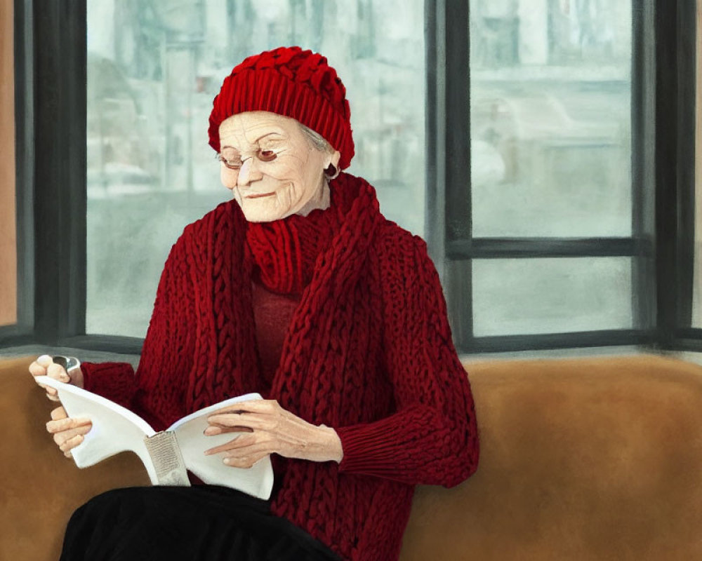 Elderly woman in red hat and sweater reading book by window