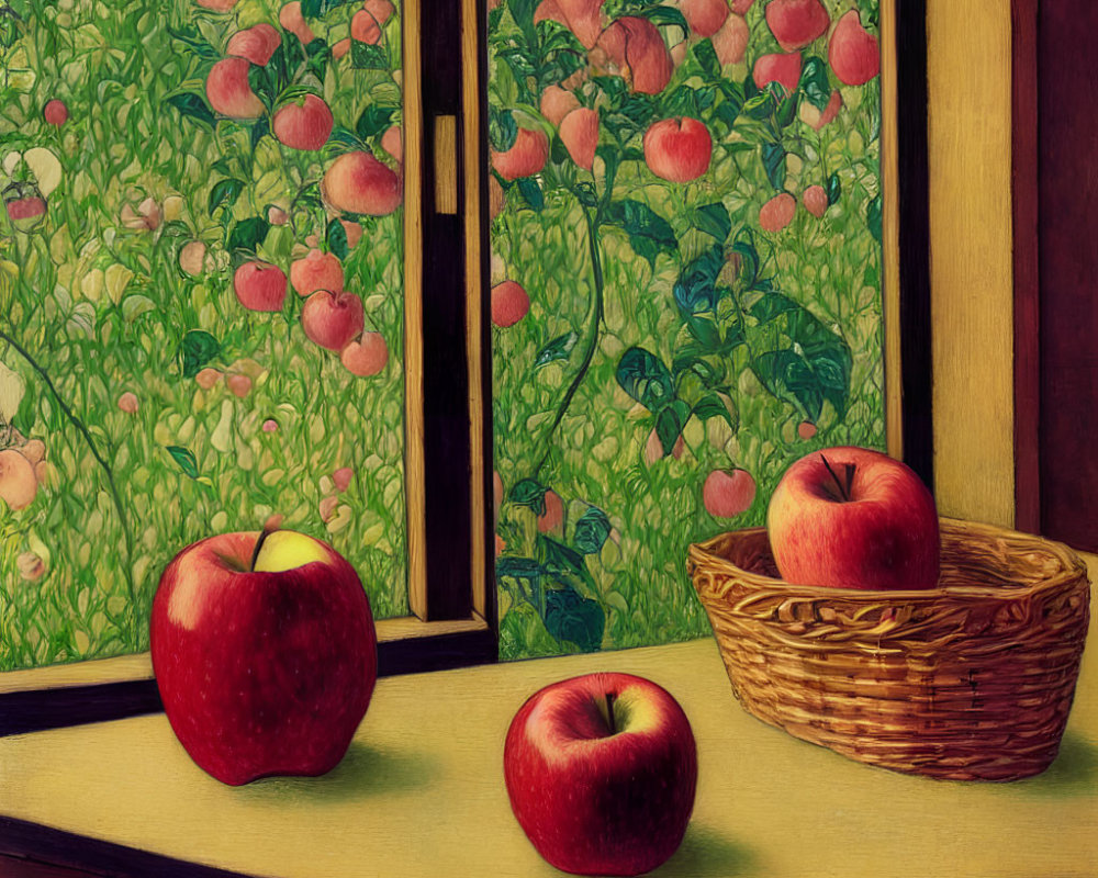 Still life painting with three red apples on table and in basket, apple tree background.