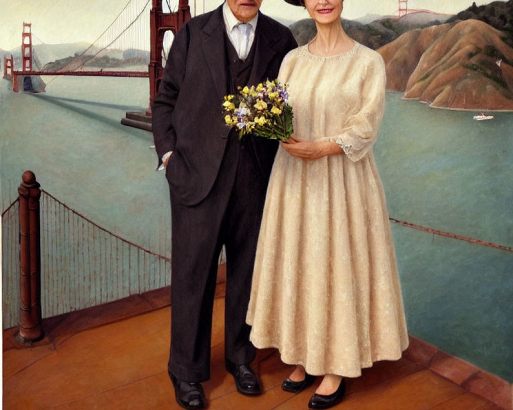 Elderly couple in vintage attire with bouquet at Golden Gate Bridge