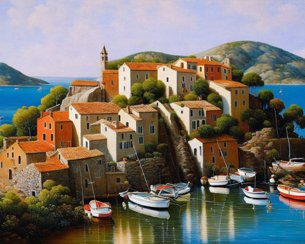 Coastal village with terracotta-roofed houses, bell tower, boats, and hills