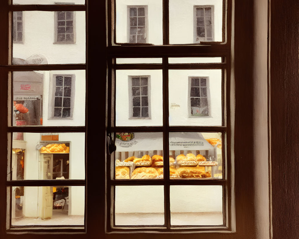 Windowpane Divided: Building & Bakery Reflections