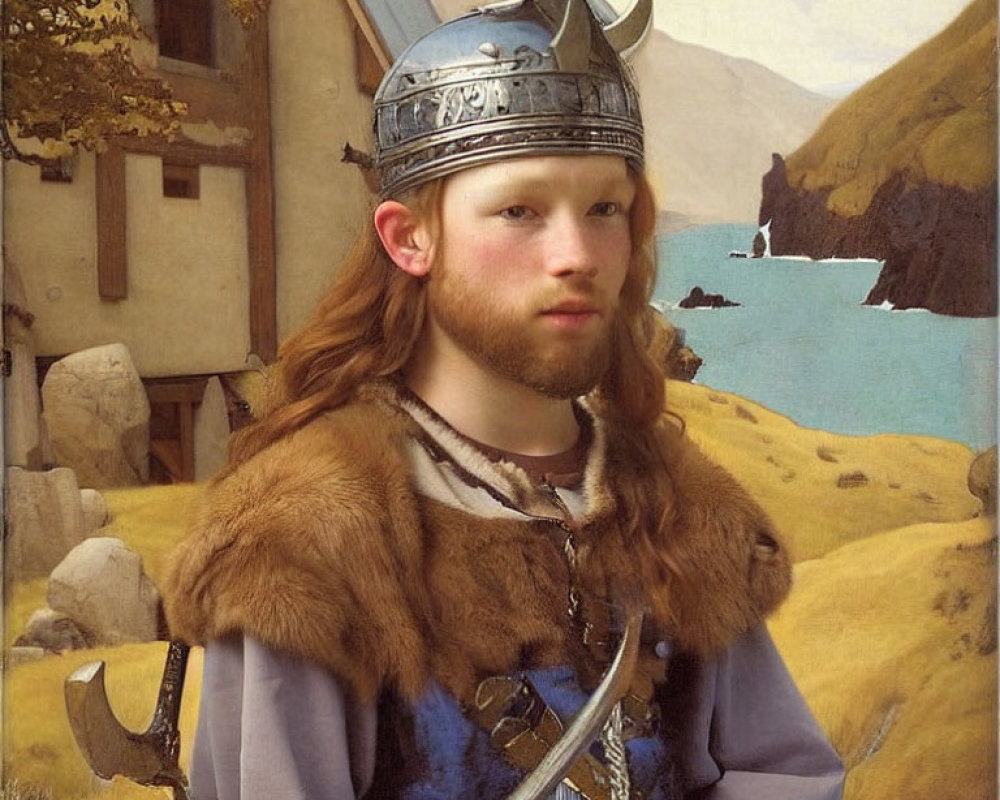 Bearded Viking in Horned Helmet and Fur Cloak by the Coast