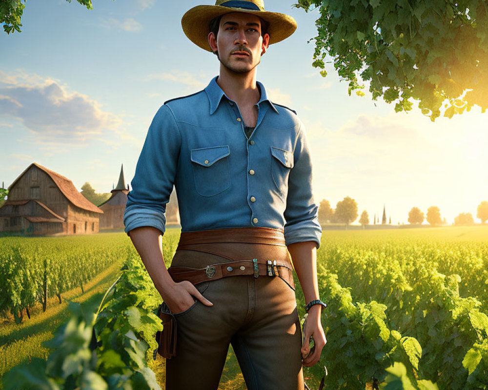 Man in straw hat and blue shirt in rustic vineyard setting.