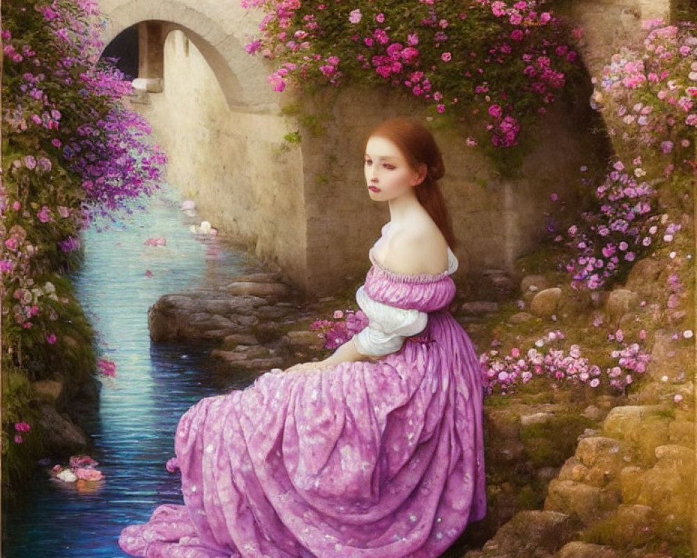 Woman in flowing purple gown by serene waterway with stone walls and blooming flowers