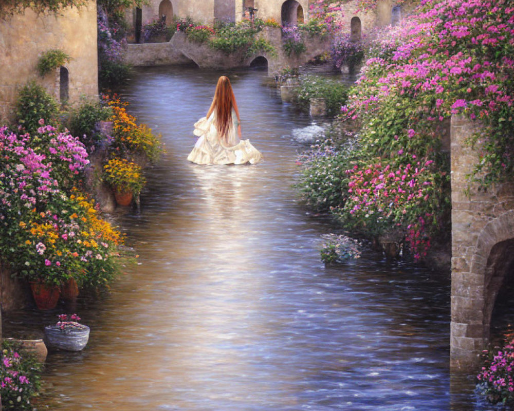 Woman in white dress wading through serene waterway surrounded by stone buildings and lush flora under soft light