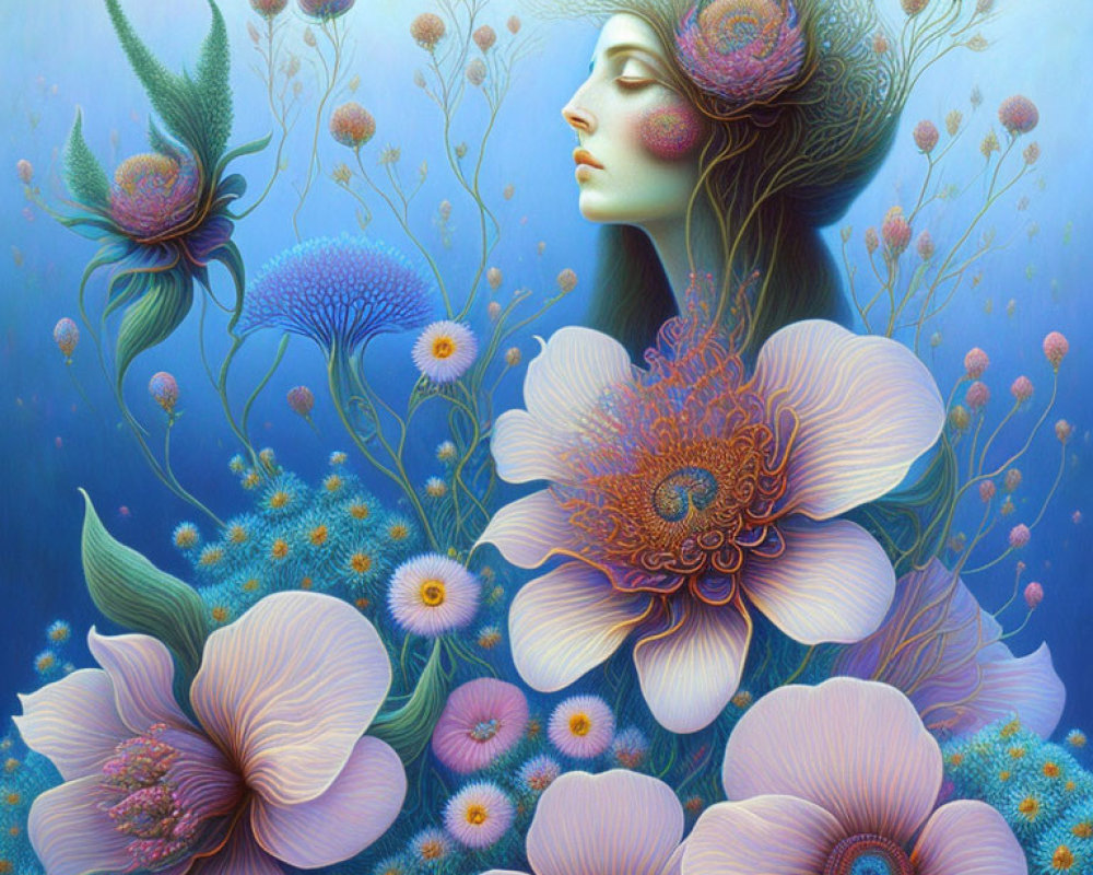 Detailed surreal illustration of woman's profile surrounded by blooming flowers